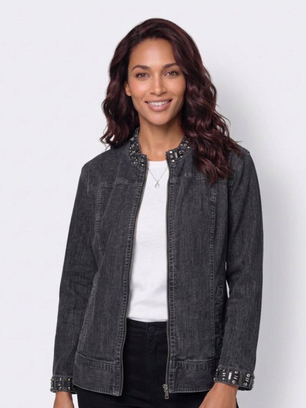 Ruby Rd. Women's 18 Black Embellished Denim Zip Jacket With Pockets
